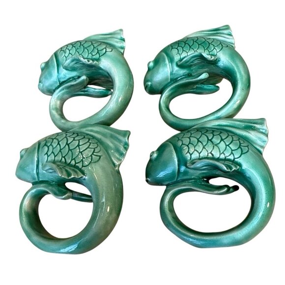 Set Of 4 Pottery Barn Green Ceramic Fish-Shaped Napkin Rings - Picture 1 of 8